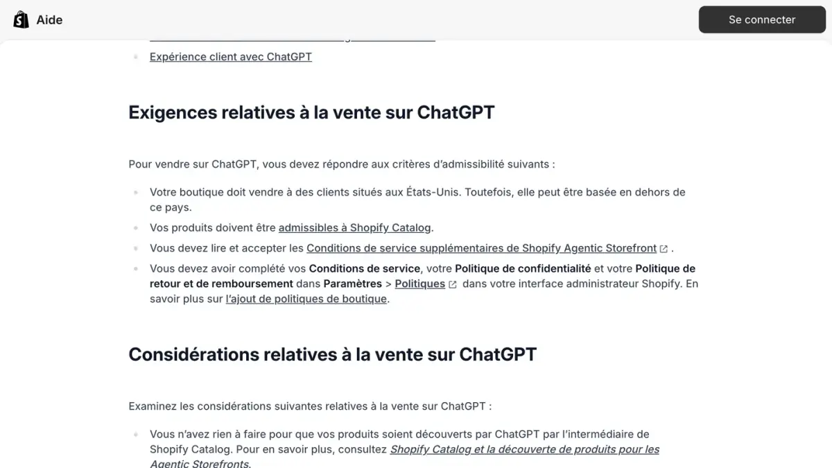 Les exigences relatives à la vente sur ChatGPT dans le centre d'aide Shopify