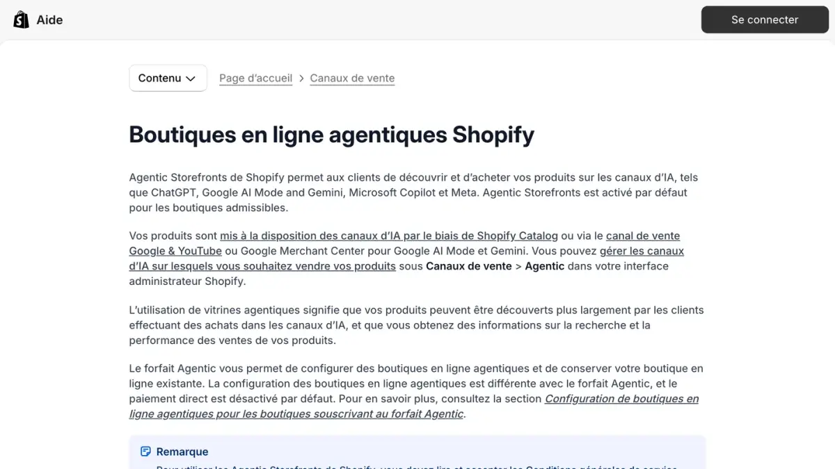 La page Boutiques en ligne agentiques Shopify du centre d'aide Shopify en français