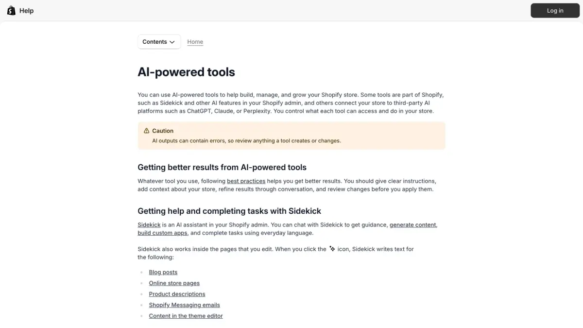 Shopify Help Center section called AI-powered tools, which groups Sidekick and the other AI features