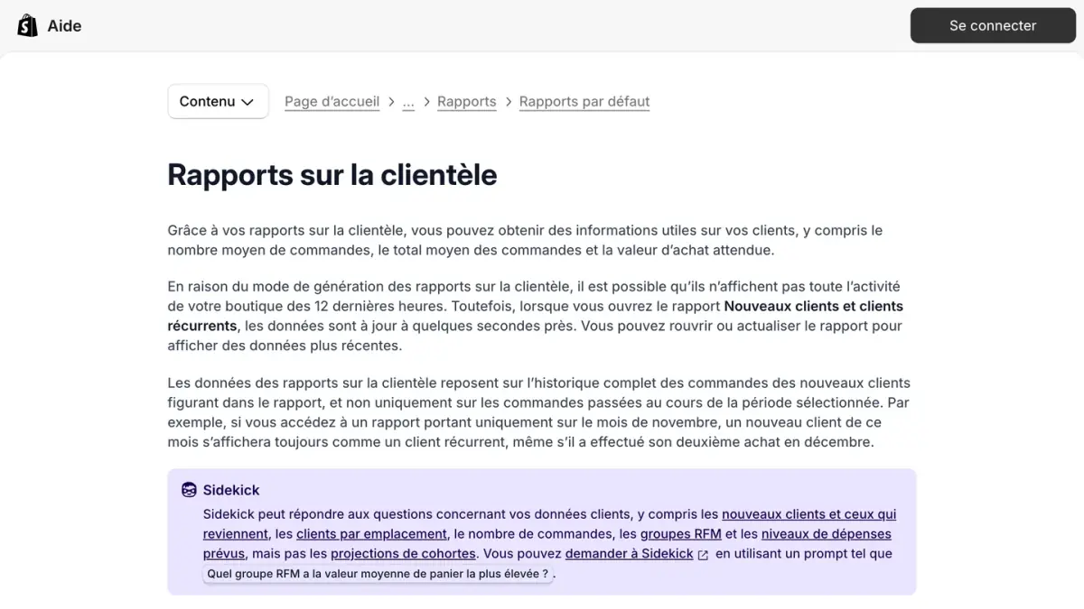 La page Rapports sur la clientèle du centre d'aide Shopify en français