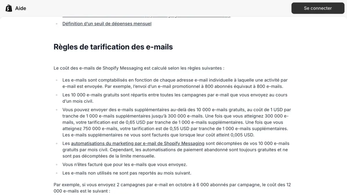 Les règles de tarification des e-mails de Shopify Messaging dans le centre d'aide Shopify