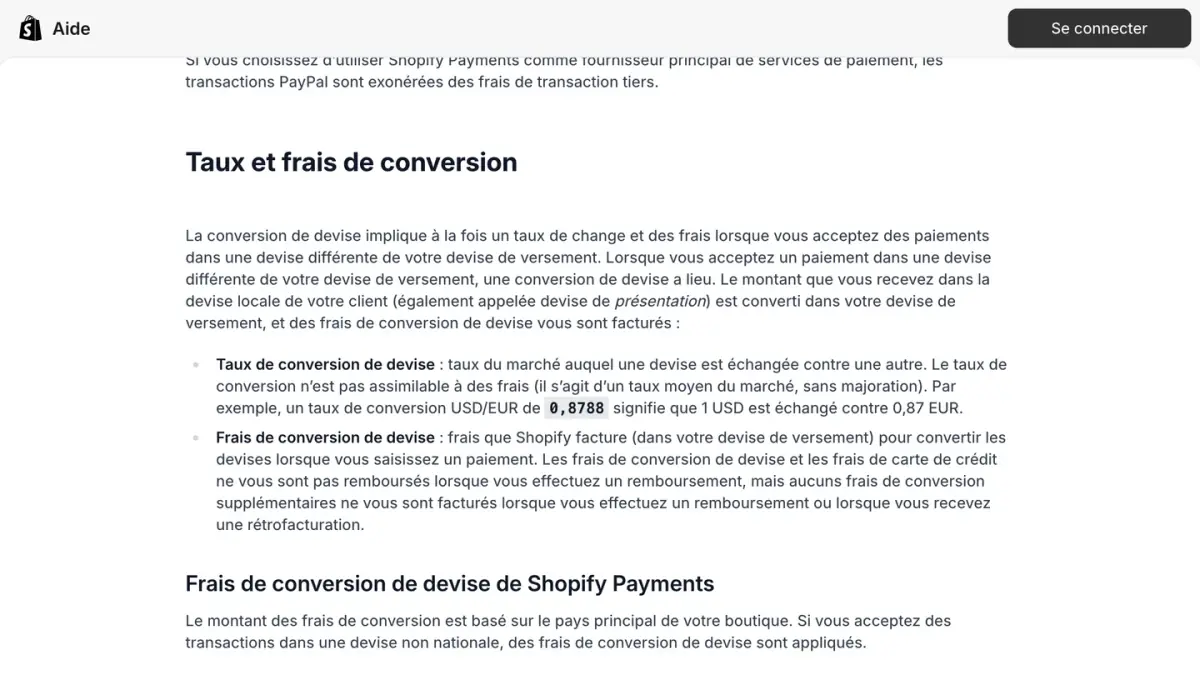La section Taux et frais de conversion de devise du centre d'aide Shopify