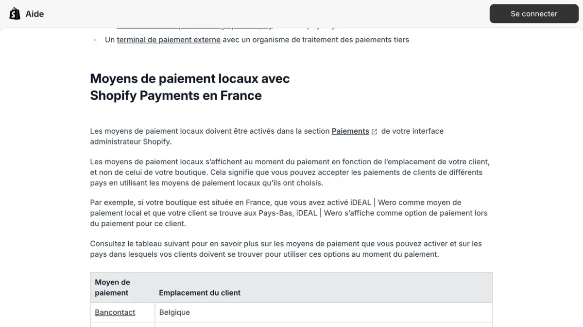 Les moyens de paiement locaux de Shopify Payments en France dans le centre d'aide Shopify
