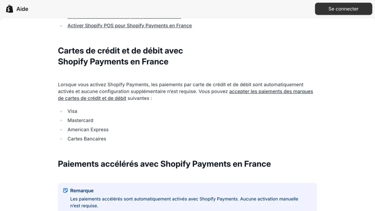 La page du centre d'aide Shopify sur les moyens de paiement de Shopify Payments en France