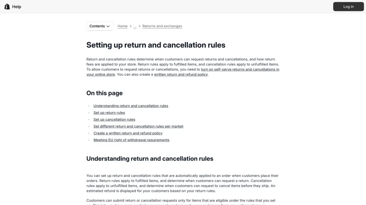 Shopify Help Center page on setting up return and cancellation rules that apply to each order