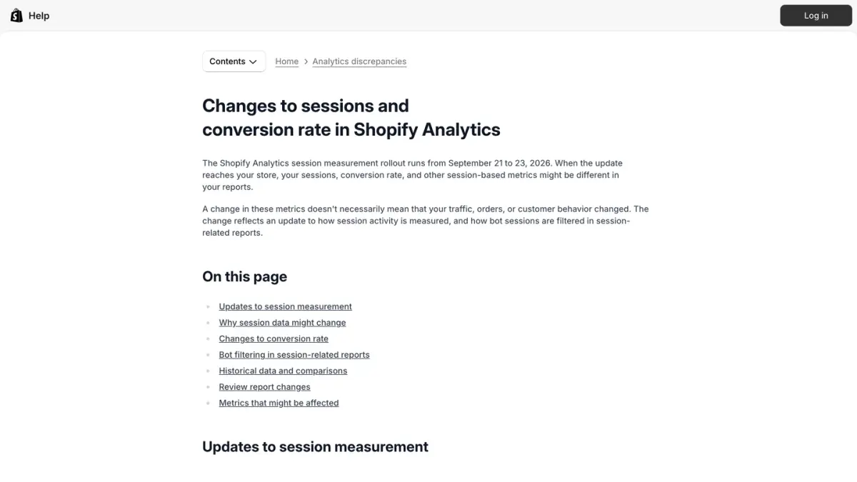 Shopify Help Center page explaining the September 2026 update to how sessions are measured