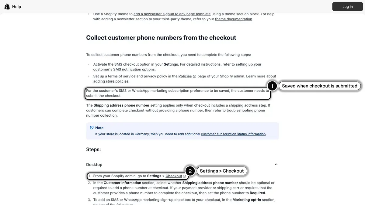 Shopify Help Center section on collecting phone numbers at checkout, with the rule that consent is saved only on checkout submission (1) and the Settings > Checkout path (2) highlighted