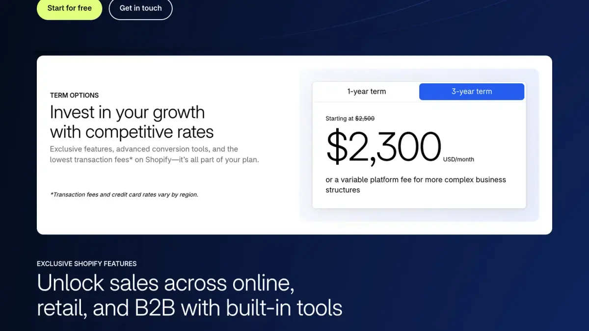 Shopify Plus pricing page showing the starting price of 2,300 US dollars a month on a three year term