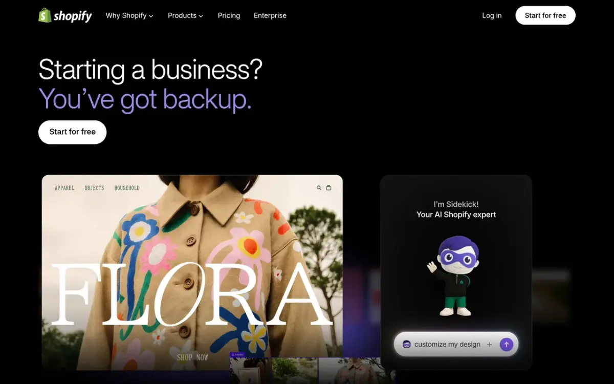 Shopify's Sidekick page, where the former Shopify Magic address now redirects, presenting its AI assistant