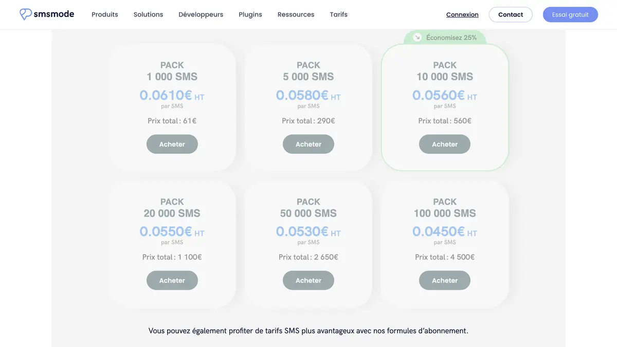 Packs de SMS prépayés sur la page tarifs de smsmode, du pack de 1 000 au pack de 100 000 SMS, octobre 2026