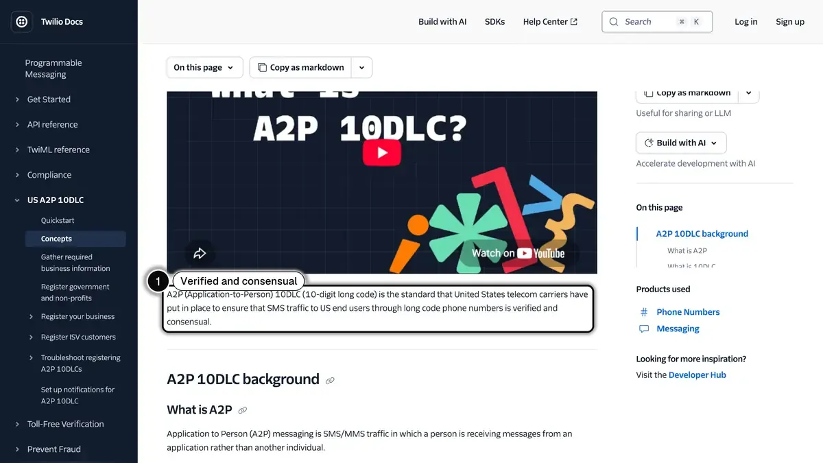 Twilio documentation on A2P 10DLC, with the definition of the US carrier standard for verified and consensual traffic highlighted (1)