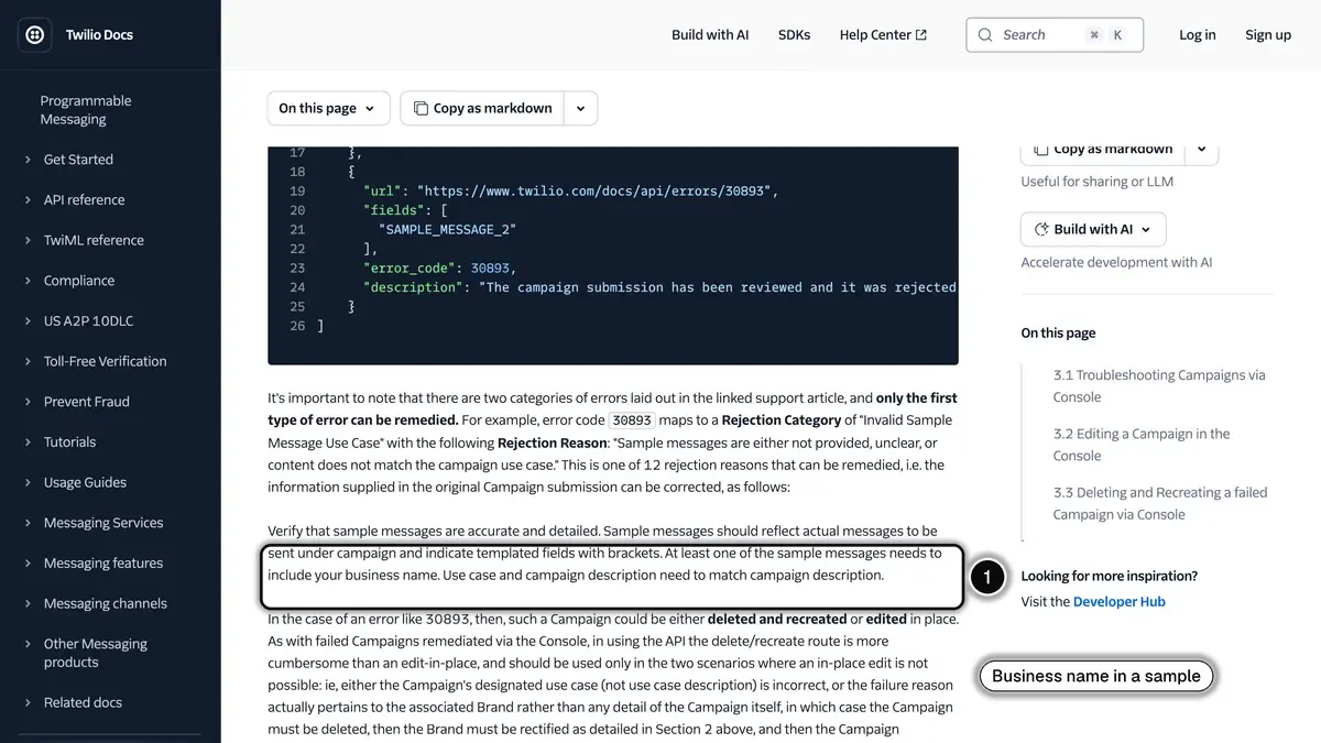 Twilio campaign troubleshooting guide, with the sample message rule highlighted (1): samples reflect real messages, show templated fields in brackets and at least one includes the business name