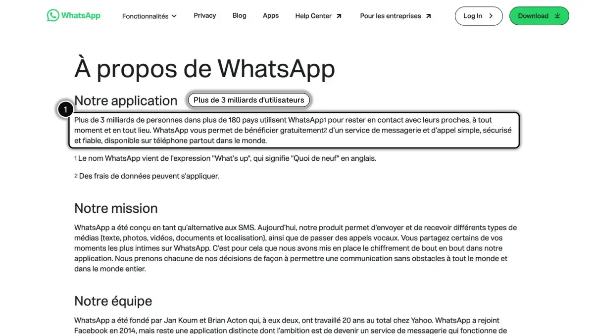 La page À propos de WhatsApp, avec en évidence la phrase qui annonce plus de 3 milliards d'utilisateurs dans plus de 180 pays