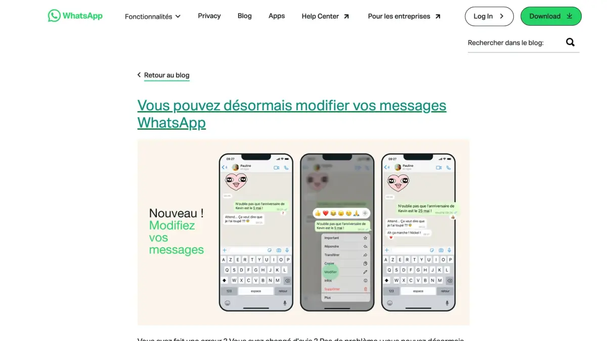 Article du blog de WhatsApp de mai 2023 annonçant la modification des messages envoyés