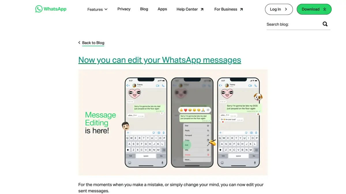 WhatsApp blog post of May 2023 announcing that sent messages can be edited