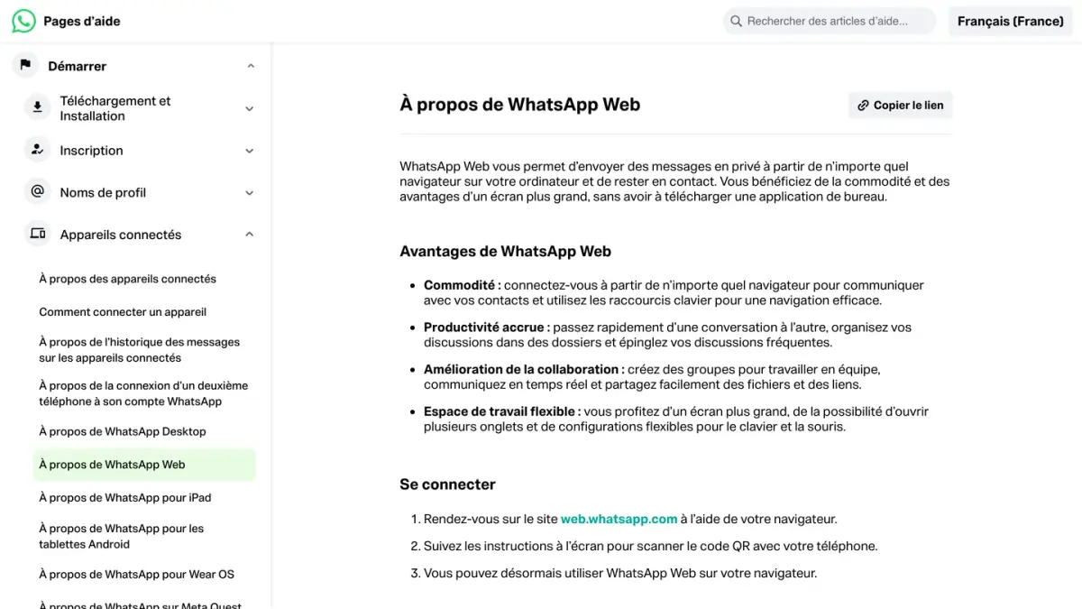 Page d'aide WhatsApp « À propos de WhatsApp Web », la version navigateur de WhatsApp