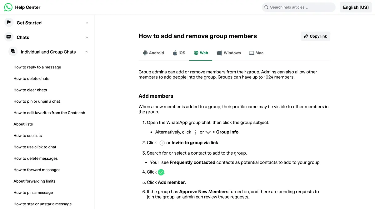 WhatsApp Help Center page on how group admins add and remove members, with the 1024 member limit