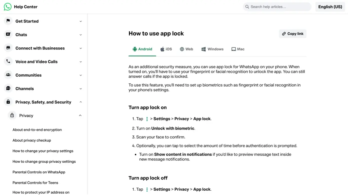 WhatsApp Help Center page How to use app lock, Android version