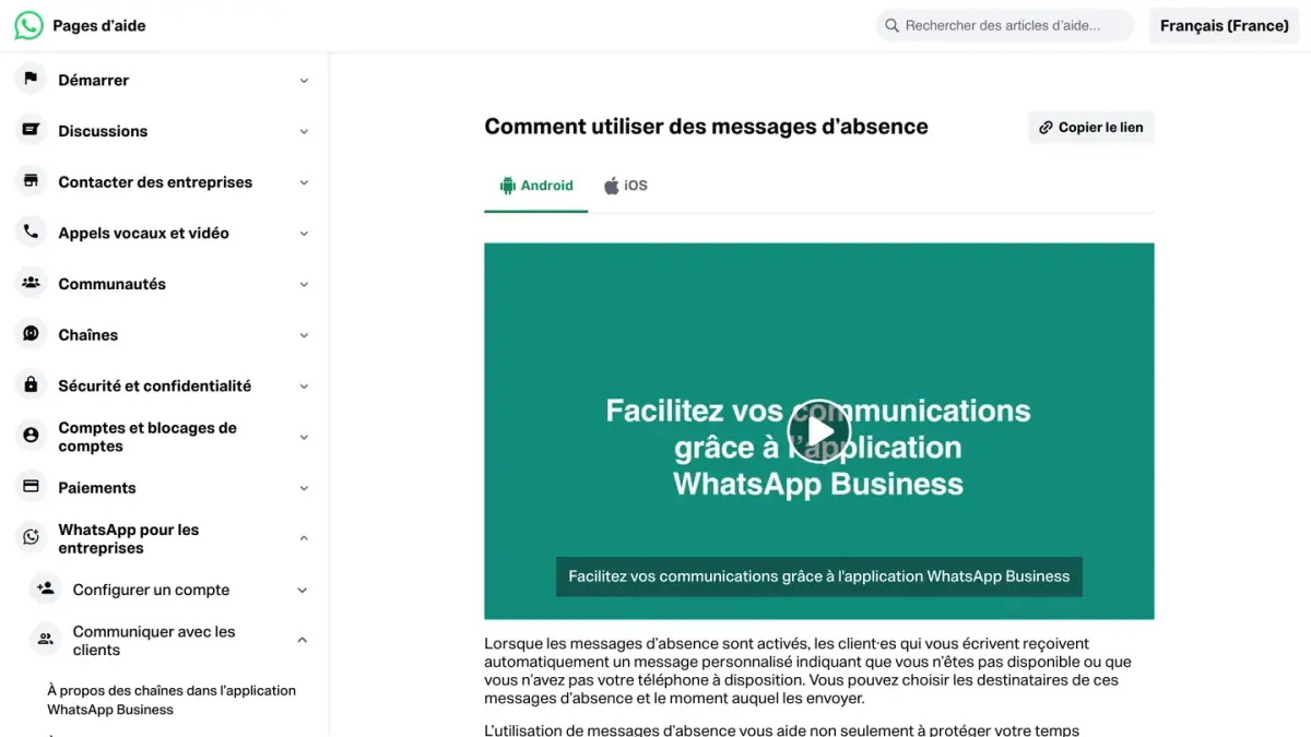 La page d'aide de WhatsApp sur l'utilisation des messages d'absence dans WhatsApp Business