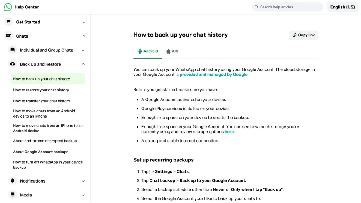 WhatsApp Help Center page How to back up your chat history, Android version