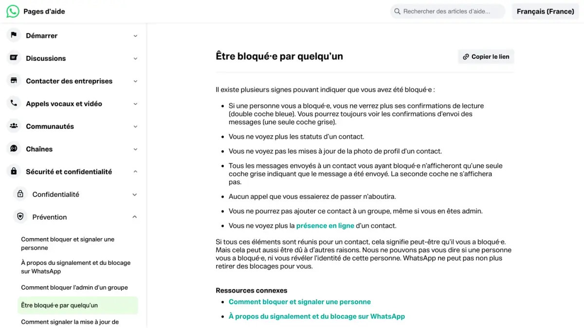 Page d'aide WhatsApp « Être bloqué·e par quelqu'un », avec la liste des signes d'un blocage