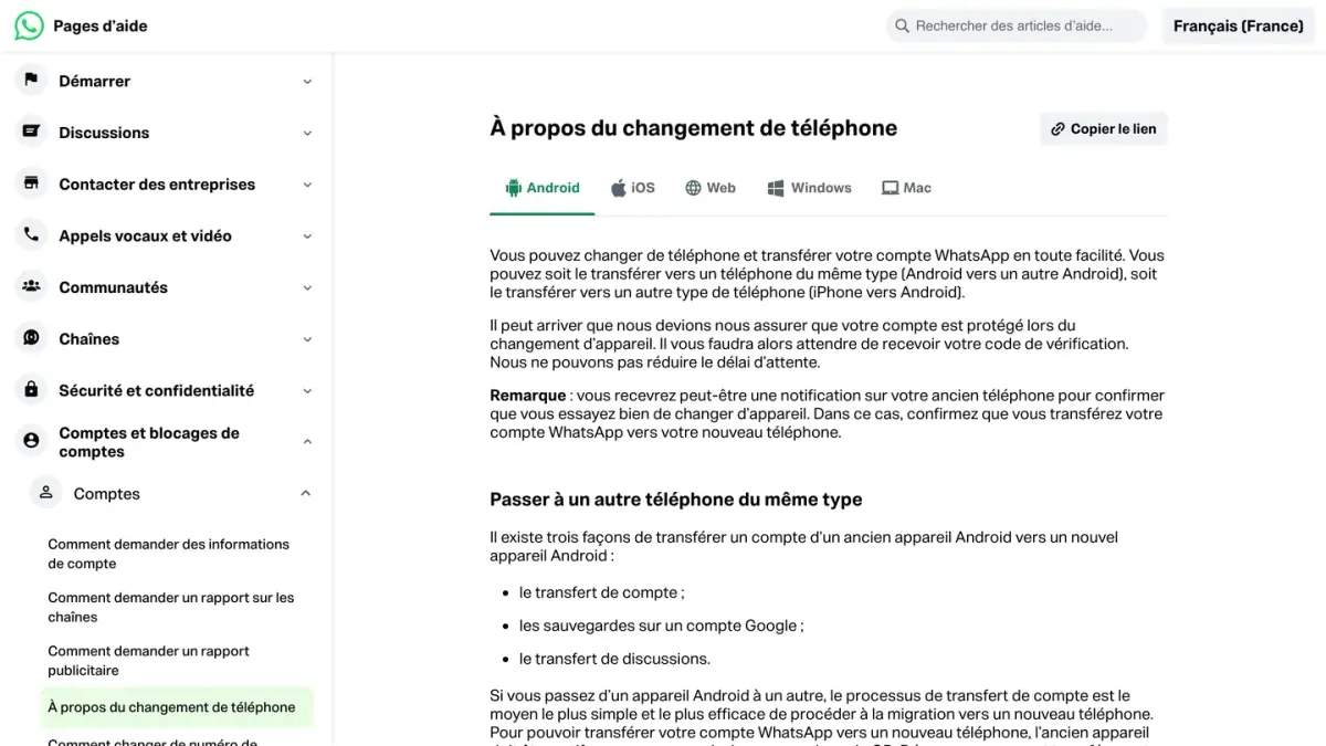 Page d'aide WhatsApp « À propos du changement de téléphone », avec les façons de transférer son compte