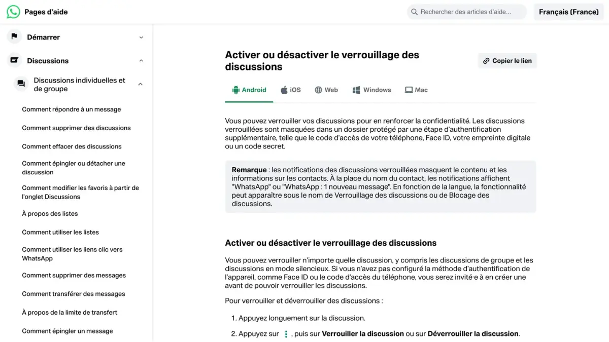 Page d'aide WhatsApp « Activer ou désactiver le verrouillage des discussions », version Android