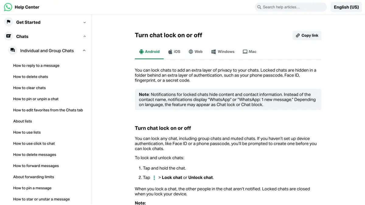 WhatsApp Help Center page Turn chat lock on or off, Android version