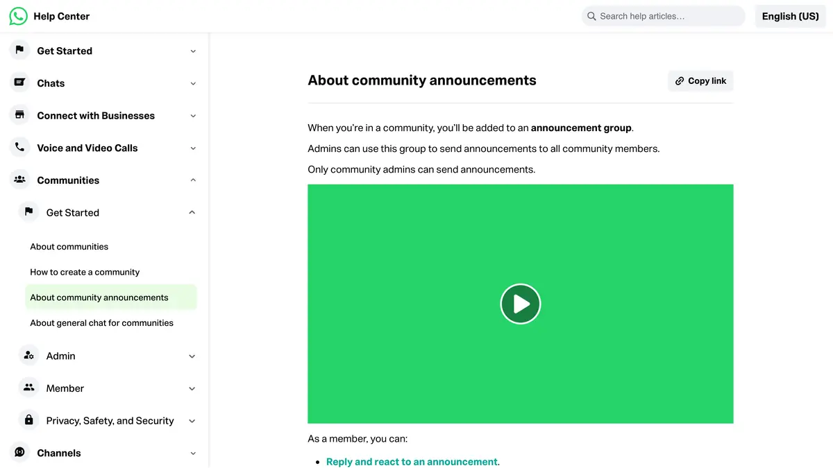 WhatsApp Help Center page about community announcements, the group where only admins can post