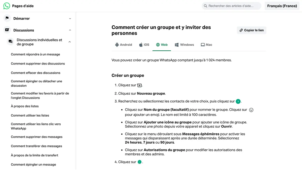 Page d'aide de WhatsApp expliquant comment créer un groupe et y inviter des personnes