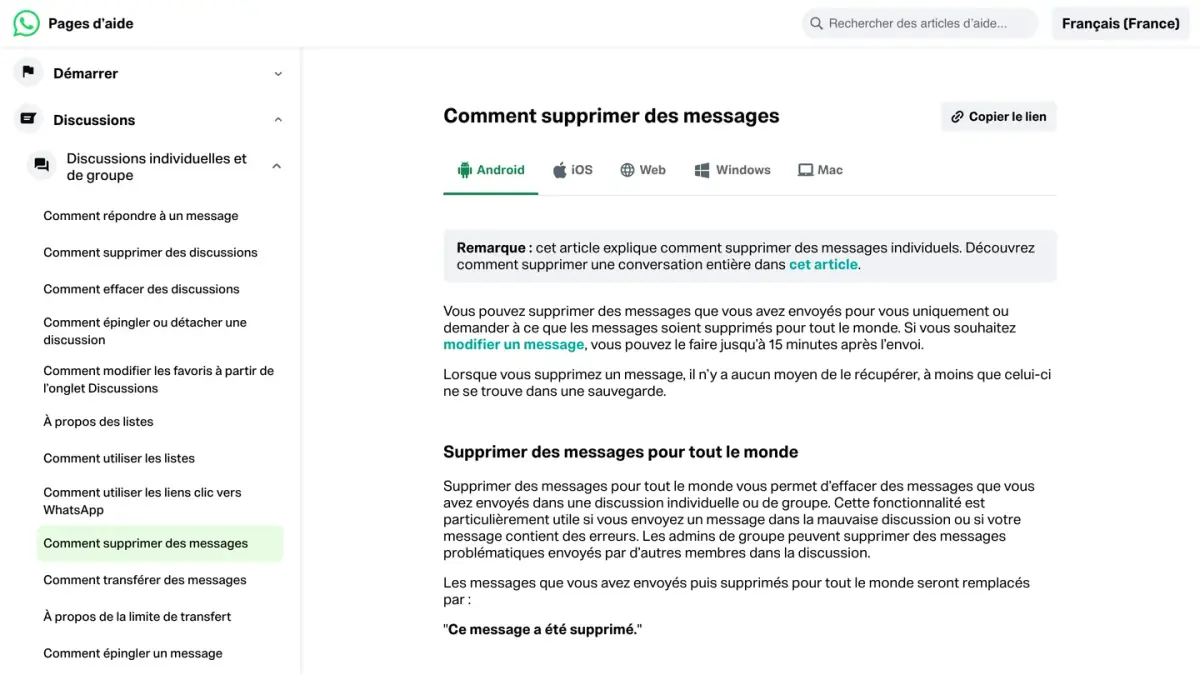 Page d'aide WhatsApp « Comment supprimer des messages », avec les règles de suppression pour tout le monde