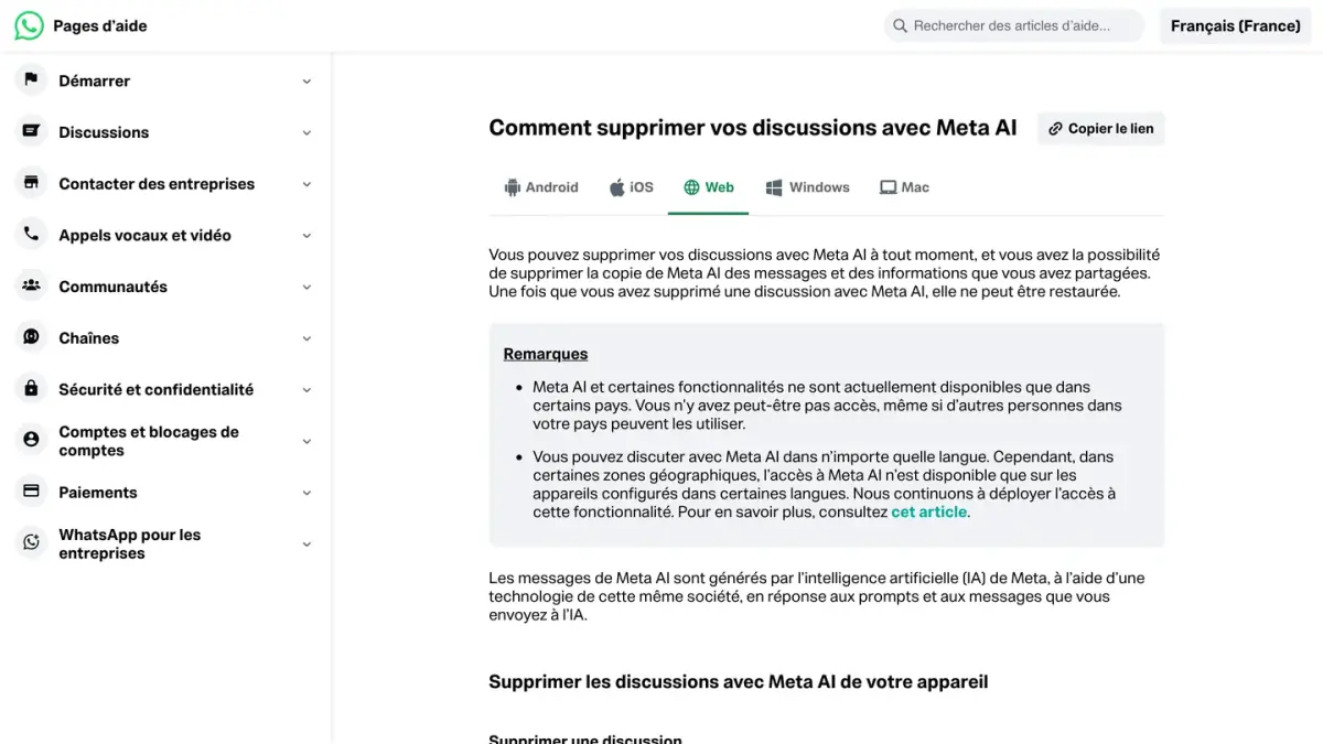 Page d'aide WhatsApp expliquant comment supprimer vos discussions avec Meta AI