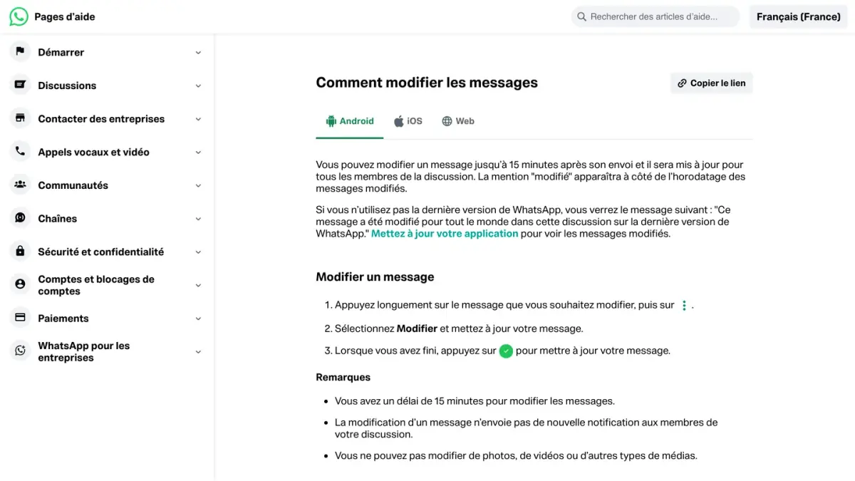 Page d'aide WhatsApp « Comment modifier les messages », avec les étapes sur Android
