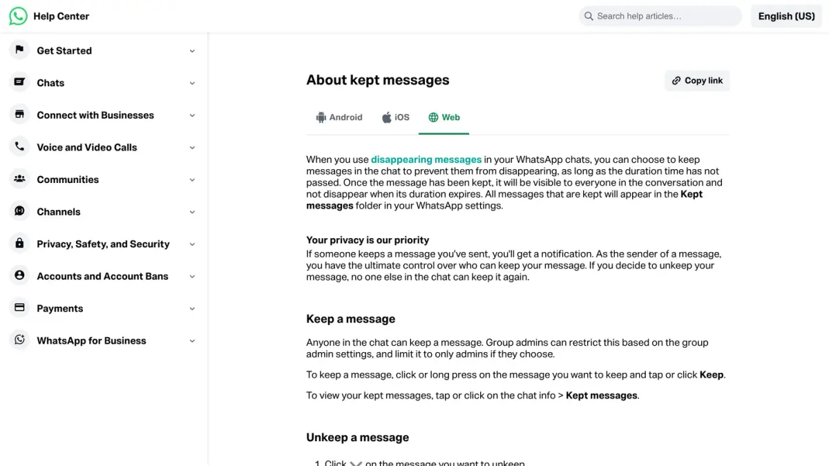 WhatsApp Help Center page About kept messages in chats with disappearing messages