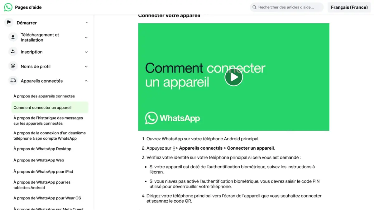 Page d'aide WhatsApp « Comment connecter un appareil », avec les étapes sur Android