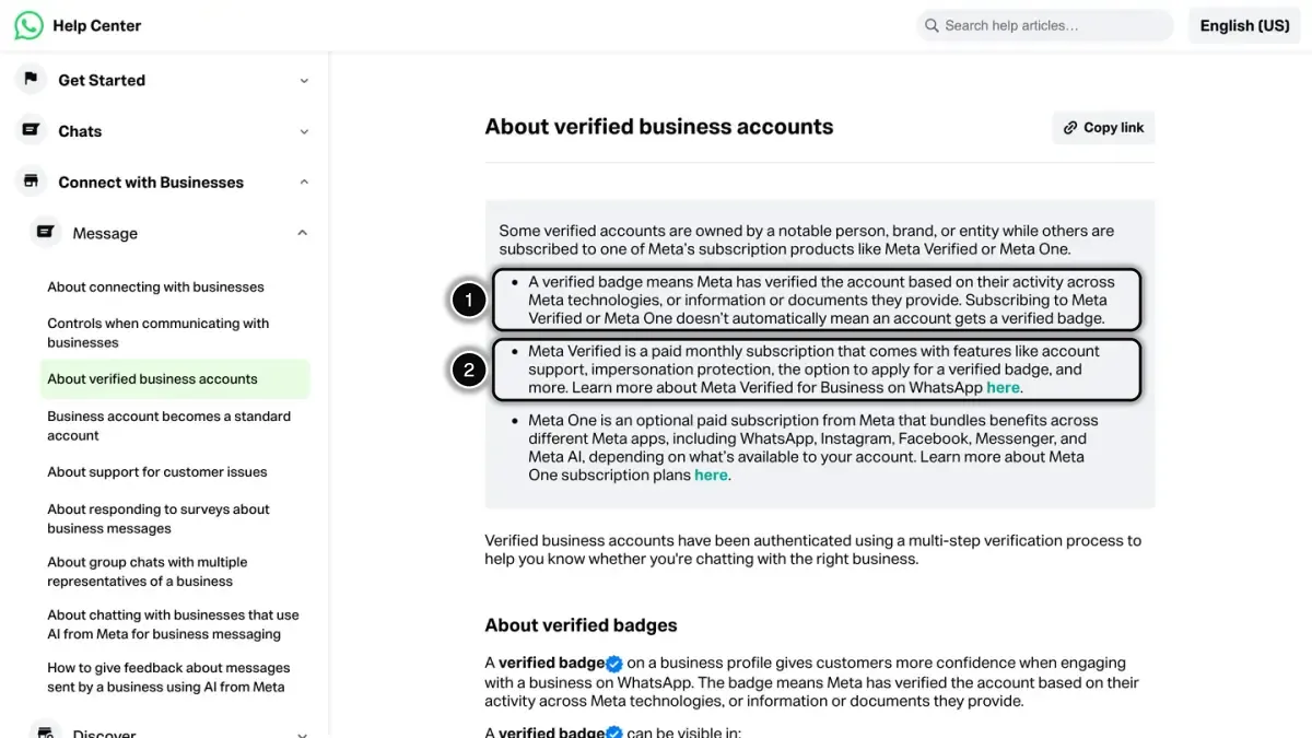 WhatsApp Help Center article on verified business accounts, with what the verified badge means (1) and the paid Meta Verified subscription (2) highlighted