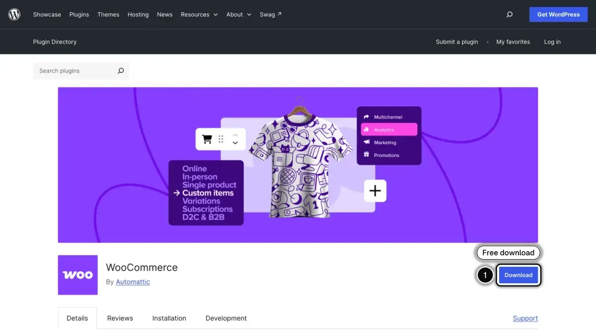 WooCommerce plugin page in the WordPress.org plugin directory, with the Download button for the free plugin highlighted